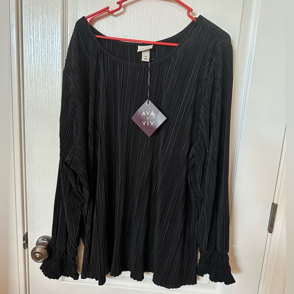 AVA & VIV size 4X Black Textured Blouse Gathered Sleeve NEW